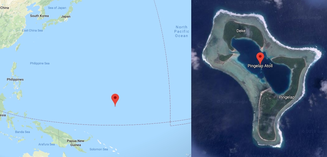 Two panels: at left, a map of the western Pacific with a pin dropped between the Philippines and Papua New Guinea, out in the open ocean; at right, a satellite view of Pingelap Atoll — a thin teardrop ring of coral reef enclosing a lagoon, with the islets Deke and Pingelap labelled.